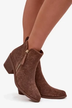 Damskie buty S.Barski Botki Na Słupku|Botki Ażurowe*Botki Kowbojki Damskie Na Obcasie S.Barski HY52-538 Brązowe Brązowy