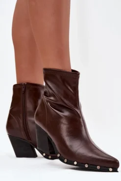 Damskie Boto Botki Kowbojki Damskie Z Eko Skóry Na Słupku Brązowe Abrielle