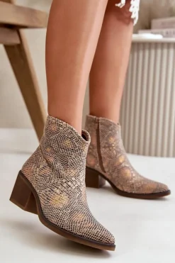 Boto Botki Ażurowe|Brązowe I Beżowe Botki*Botki Kowbojki Damskie Zapinane Na Zamek Zwierzęcy Wzór Złote Merisine