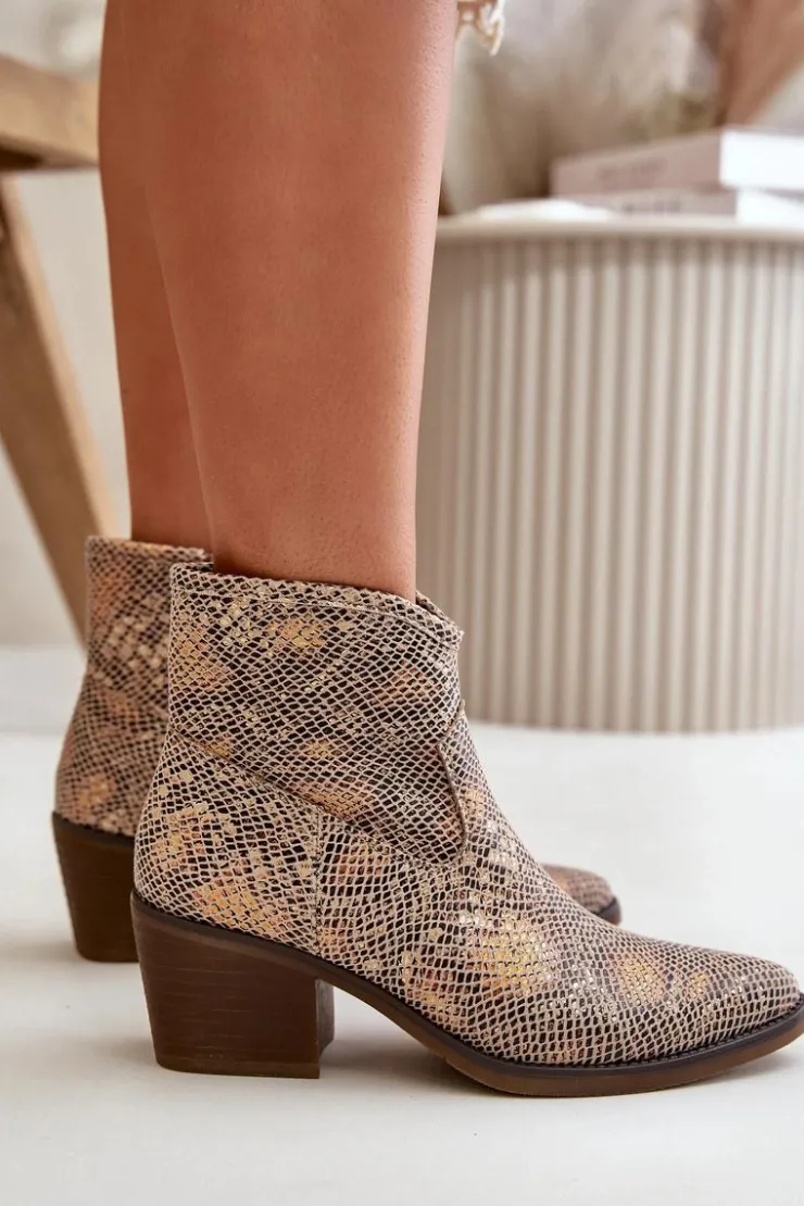 Boto Botki Ażurowe|Brązowe I Beżowe Botki*Botki Kowbojki Damskie Zapinane Na Zamek Zwierzęcy Wzór Złote Merisine