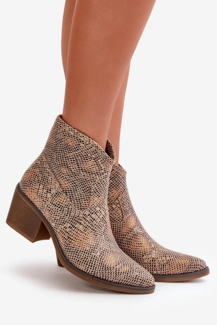 Boto Botki Ażurowe|Brązowe I Beżowe Botki*Botki Kowbojki Damskie Zapinane Na Zamek Zwierzęcy Wzór Złote Merisine