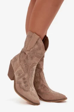 Boto Botki Na Słupku|Botki Na Obcasie*Botki Kowbojki Damskie Ze Zdobieniem Beżowe Arlissima