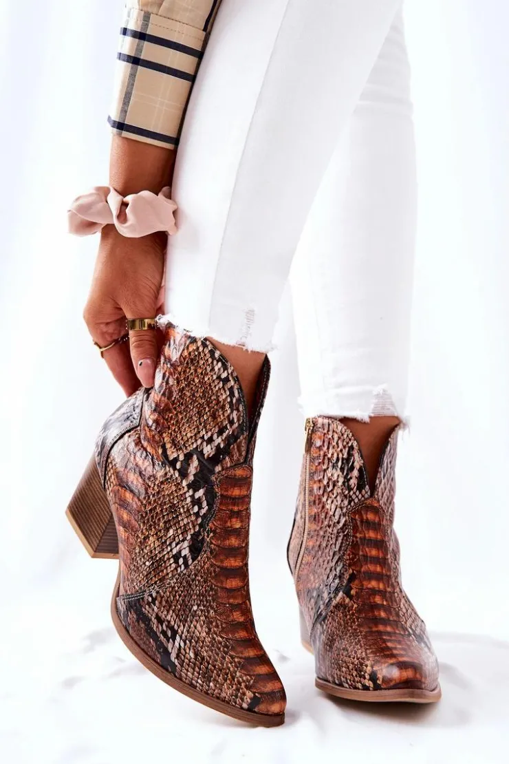 Hot Boto Botki Kowbojki Lewski Brązowy Wężowy Wzór EV28