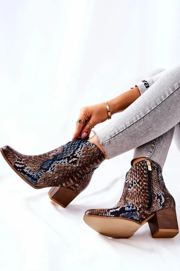 Boto Botki Na Słupku|Brązowe I Beżowe Botki*Botki Kowbojki Lewski Brązowo-Niebieskie Wężowy Wzór EV28