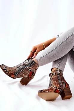 Damskie Boto Botki Kowbojki Lewski Pomarańczowo-Niebieskie Wężowy Wzór EV28