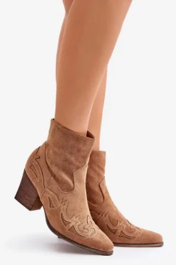 Damskie Boto Botki Kowbojki Na Słupku Eko Zamszowe Brązowe Arabelline