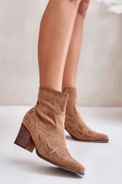 Damskie Boto Botki Kowbojki Na Słupku Eko Zamszowe Brązowe Arabelline