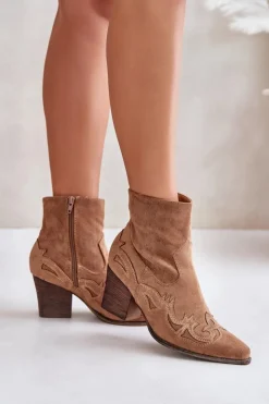 Damskie Boto Botki Kowbojki Na Słupku Eko Zamszowe Brązowe Arabelline