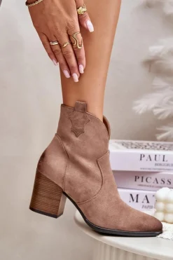 Damskie Buty damskie Vinceza Botki Kowbojki Na Słupku Ocieplane Z Eko Zamszu Vinceza 58345 Ciemnobeżowe