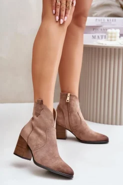 Damskie Buty damskie Vinceza Botki Kowbojki Na Słupku Ocieplane Z Eko Zamszu Vinceza 58345 Ciemnobeżowe