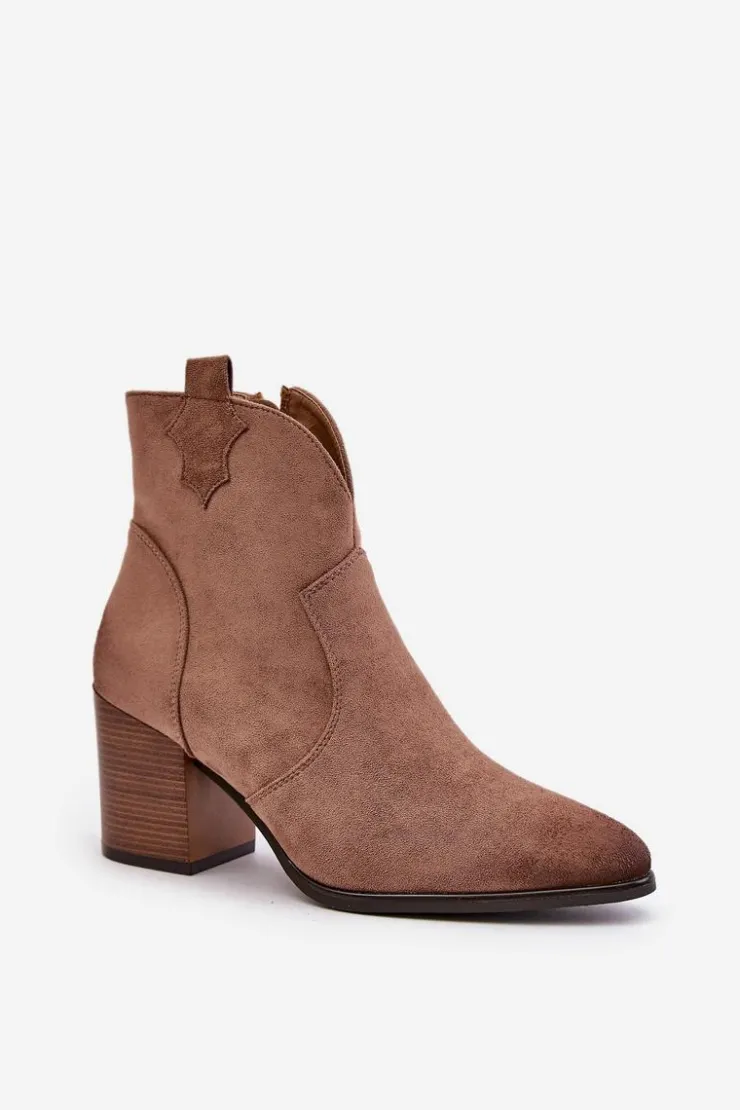 Damskie Buty damskie Vinceza Botki Kowbojki Na Słupku Ocieplane Z Eko Zamszu Vinceza 58345 Ciemnobeżowe