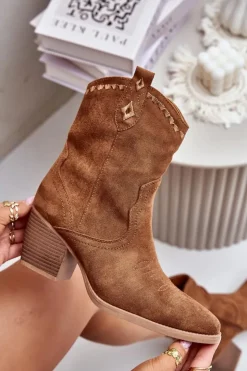 Boto Botki Kowbojki Na Słupku Z Eko Zamszu Camel Narinae