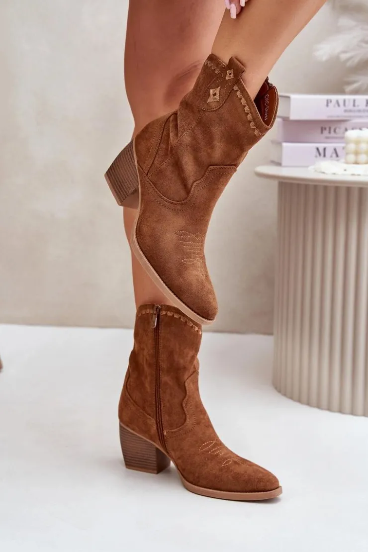 Boto Botki Kowbojki Na Słupku Z Eko Zamszu Camel Narinae