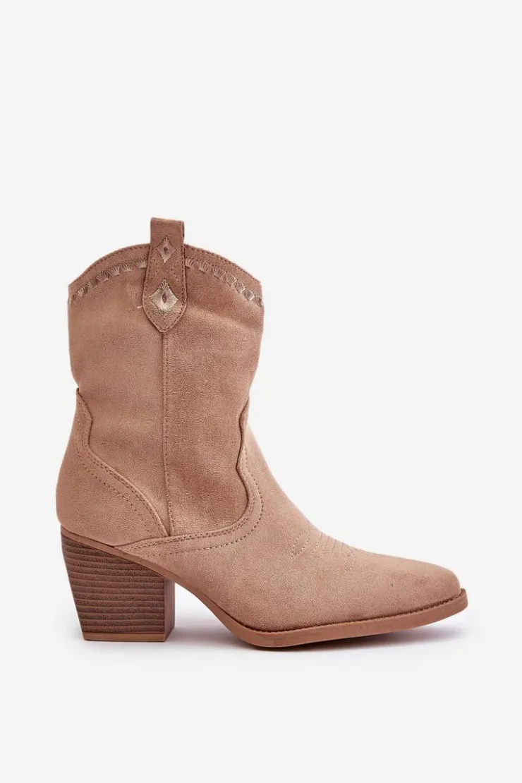 Discount Boto Botki Kowbojki Na Słupku Z Eko Zamszu Beżowe Narinae