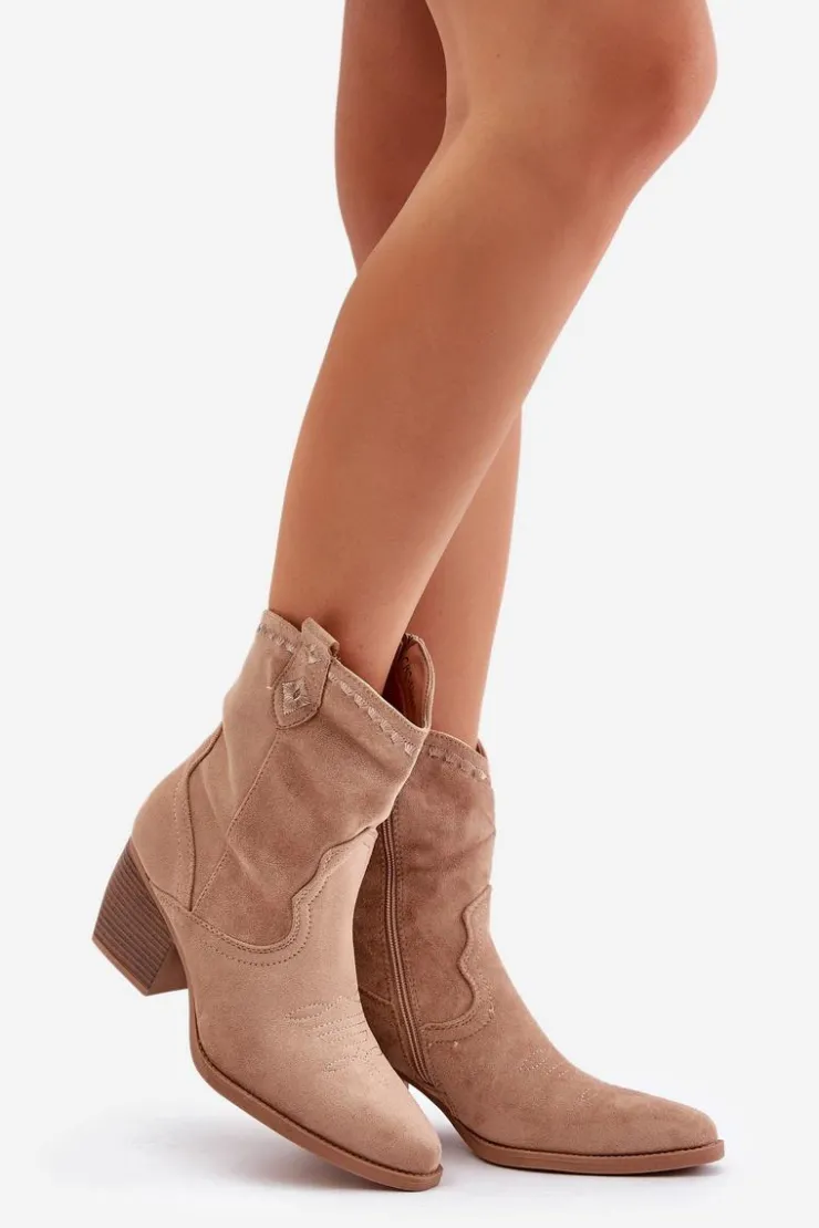 Discount Boto Botki Kowbojki Na Słupku Z Eko Zamszu Beżowe Narinae