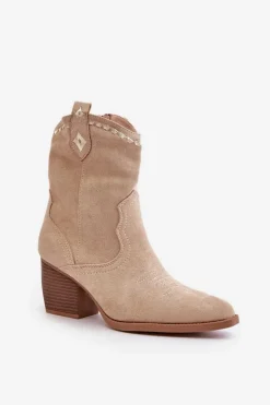 Damskie Boto Botki Kowbojki Na Słupku Z Eko Zamszu Jasnobeżowe Narinae