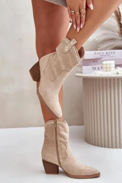 Damskie Boto Botki Kowbojki Na Słupku Z Eko Zamszu Jasnobeżowe Narinae