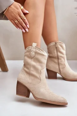 Damskie Boto Botki Kowbojki Na Słupku Z Eko Zamszu Jasnobeżowe Narinae