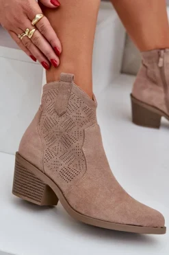 Hot Damskie buty S.Barski Botki Kowbojki Na Zamek Eko Zamszowe Ażurowe S.Barski HY51-061 Beżowe