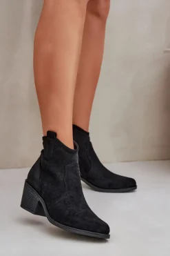 Clearance Damskie buty S.Barski Botki Kowbojki Na Zamek Eko Zamszowe Ażurowe S.Barski HY51-061 Czarne Czarny