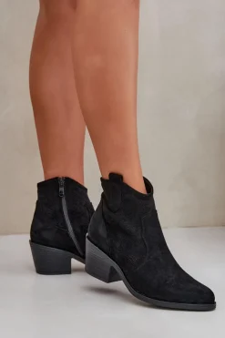 Clearance Damskie buty S.Barski Botki Kowbojki Na Zamek Eko Zamszowe Ażurowe S.Barski HY51-061 Czarne Czarny