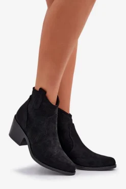 Clearance Damskie buty S.Barski Botki Kowbojki Na Zamek Eko Zamszowe Ażurowe S.Barski HY51-061 Czarne Czarny