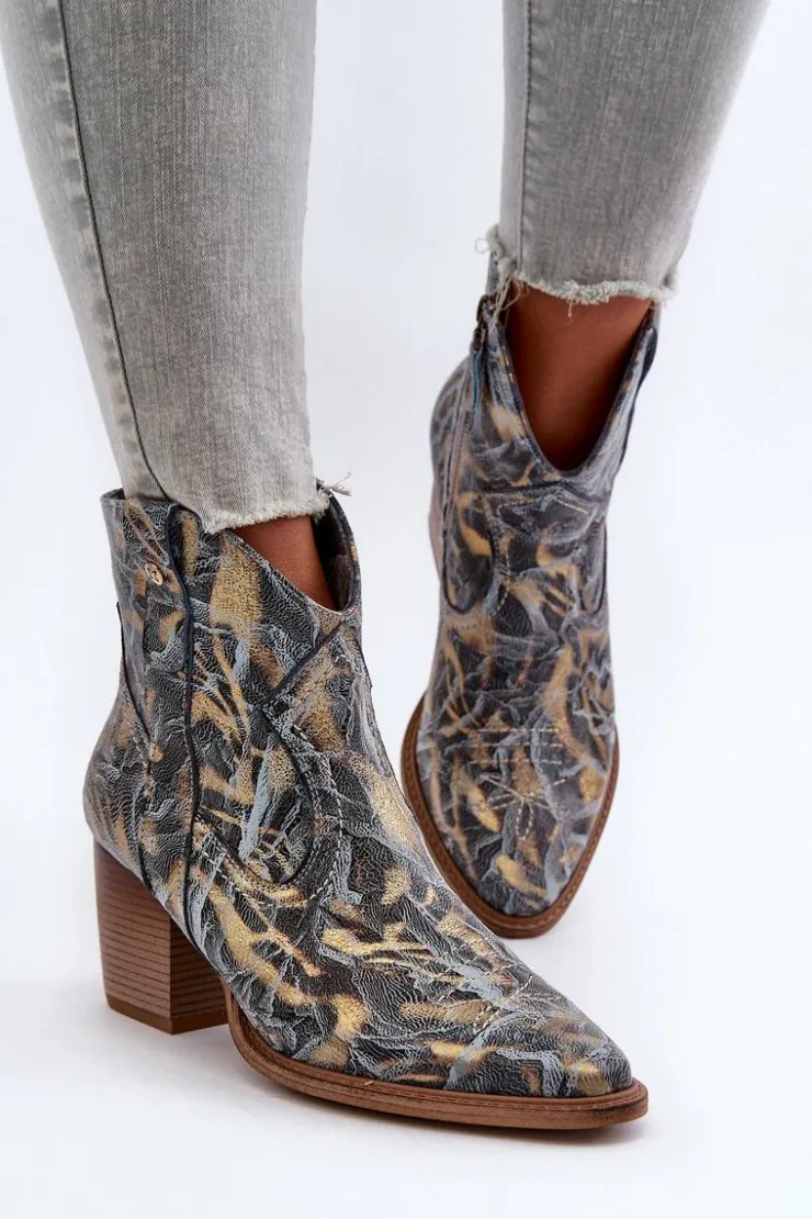 Outlet Maciejka Botki Kowbojki Skórzane Damskie Na Obcasie 05776-13 Niebieskie