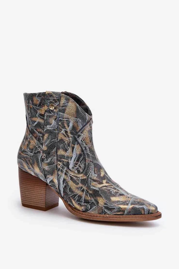 Outlet Maciejka Botki Kowbojki Skórzane Damskie Na Obcasie 05776-13 Niebieskie