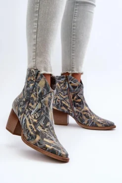 Outlet Maciejka Botki Kowbojki Skórzane Damskie Na Obcasie 05776-13 Niebieskie