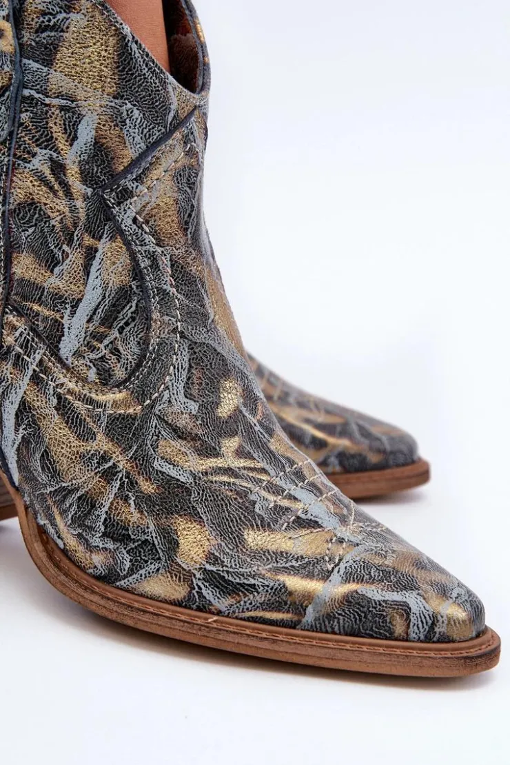 Outlet Maciejka Botki Kowbojki Skórzane Damskie Na Obcasie 05776-13 Niebieskie