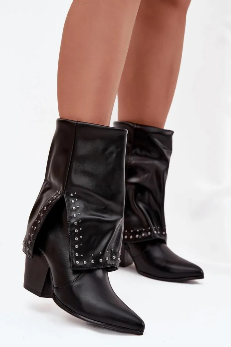 Boto Botki Ocieplane|Botki Skórzane*Botki Kowbojki Z Wywiniętą Cholewką I Zdobieniem Ocieplane Czarne Inessia Czarny