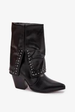 Boto Botki Ocieplane|Botki Skórzane*Botki Kowbojki Z Wywiniętą Cholewką I Zdobieniem Ocieplane Czarne Inessia Czarny