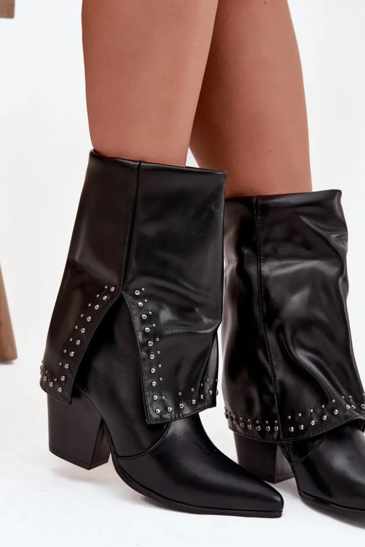 Boto Botki Ocieplane|Botki Skórzane*Botki Kowbojki Z Wywiniętą Cholewką I Zdobieniem Ocieplane Czarne Inessia Czarny