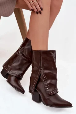 Damskie Boto Botki Kowbojki Z Wywiniętą Cholewką I Zdobieniem Ocieplane Czekoladowe Inessia