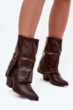 Damskie Boto Botki Kowbojki Z Wywiniętą Cholewką I Zdobieniem Ocieplane Czekoladowe Inessia