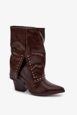 Damskie Boto Botki Kowbojki Z Wywiniętą Cholewką I Zdobieniem Ocieplane Czekoladowe Inessia