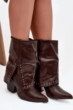 Damskie Boto Botki Kowbojki Z Wywiniętą Cholewką I Zdobieniem Ocieplane Czekoladowe Inessia