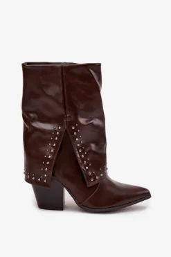 Damskie Boto Botki Kowbojki Z Wywiniętą Cholewką I Zdobieniem Ocieplane Czekoladowe Inessia