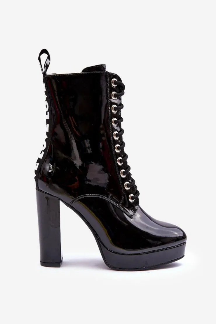 Clearance Boto Botki Lakierowane Na Obcasie Czarne Lolis