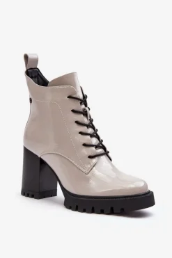 Discount Damskie buty S.Barski Botki Lakierowane Na Słupku Ocieplane Jasnoszare S.Barski MR870-54