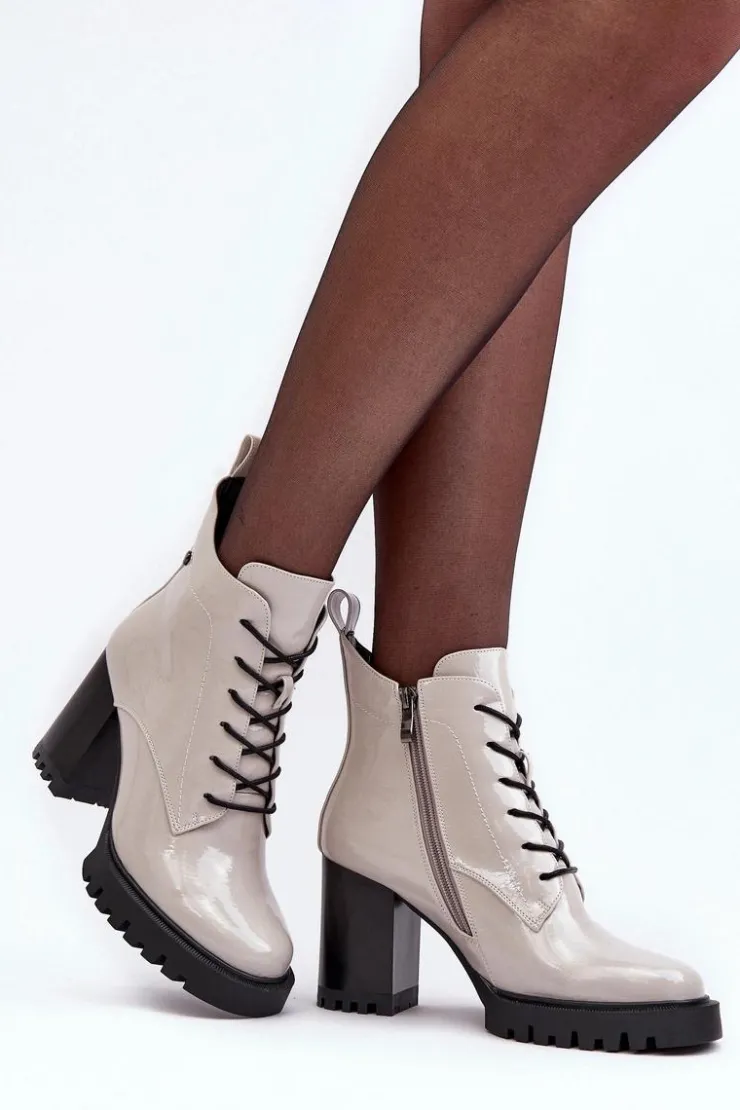 Discount Damskie buty S.Barski Botki Lakierowane Na Słupku Ocieplane Jasnoszare S.Barski MR870-54