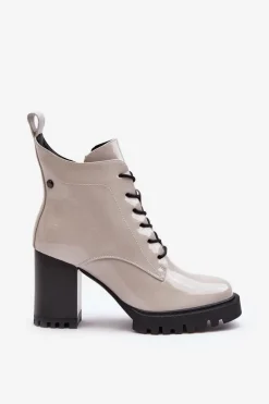 Discount Damskie buty S.Barski Botki Lakierowane Na Słupku Ocieplane Jasnoszare S.Barski MR870-54