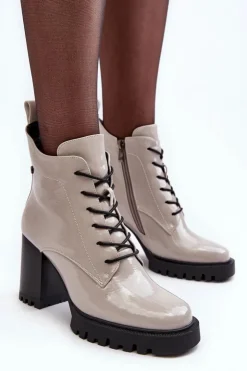 Discount Damskie buty S.Barski Botki Lakierowane Na Słupku Ocieplane Jasnoszare S.Barski MR870-54