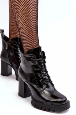 Damskie buty S.Barski Botki Sznurowane|Botki Na Słupku*Botki Lakierowane Na Słupku Ocieplane Czarne D&A MR870-54
