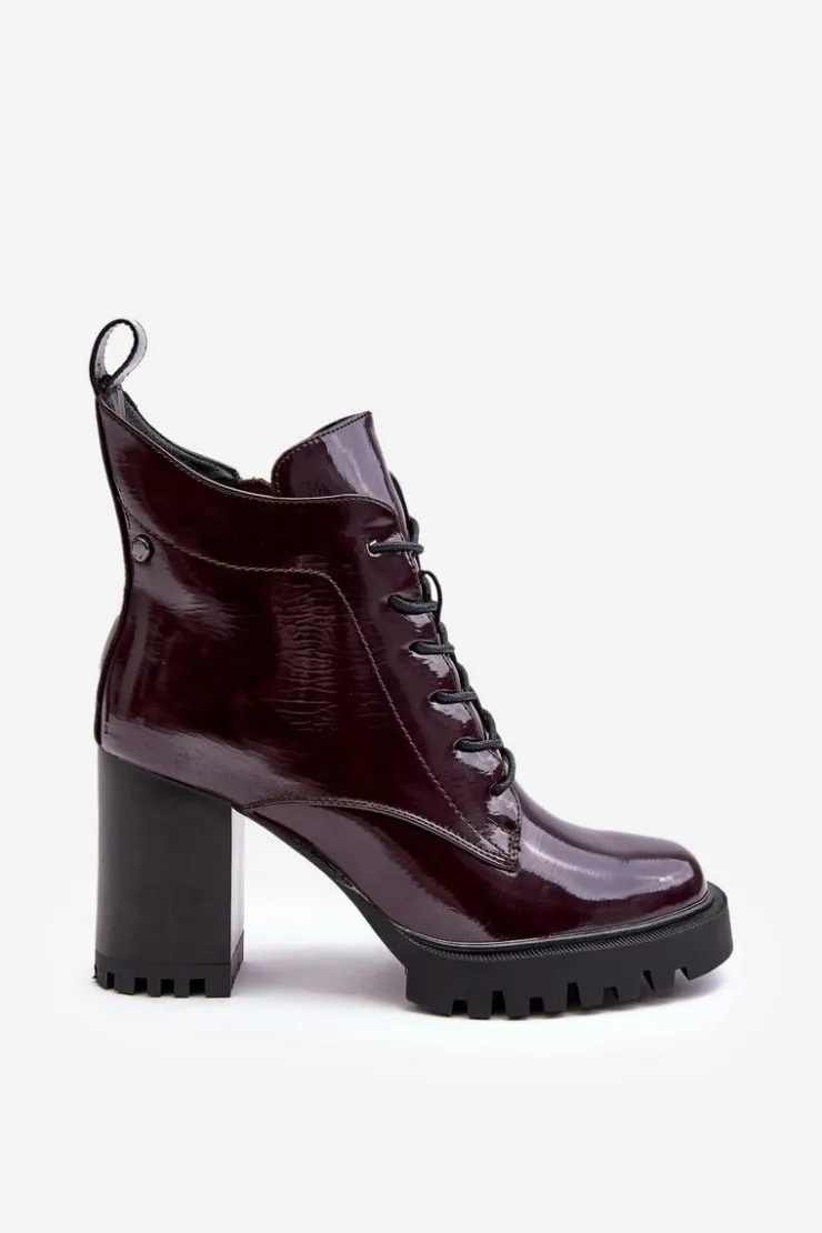 Hot Damskie buty S.Barski Botki Lakierowane Na Słupku Ocieplane Bordowe D&A MR870-54