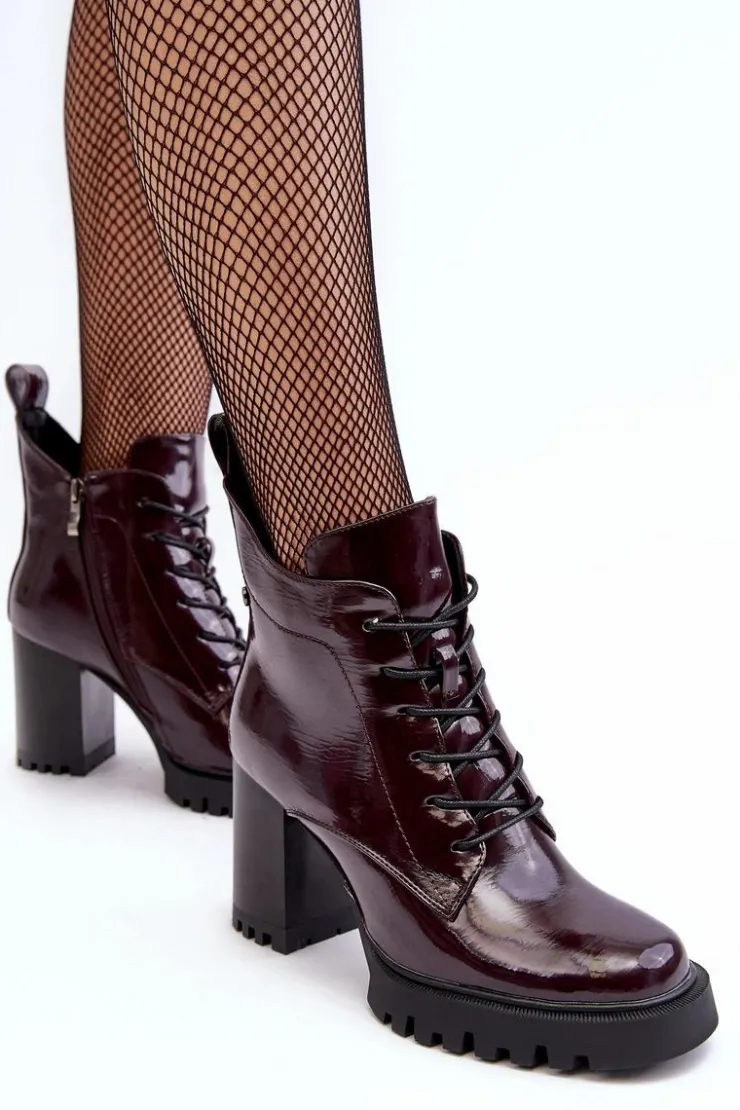 Hot Damskie buty S.Barski Botki Lakierowane Na Słupku Ocieplane Bordowe D&A MR870-54