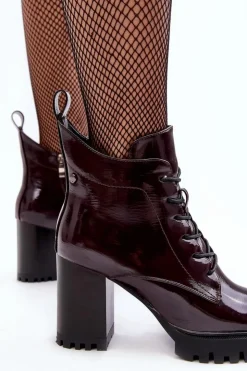 Hot Damskie buty S.Barski Botki Lakierowane Na Słupku Ocieplane Bordowe D&A MR870-54