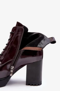 Hot Damskie buty S.Barski Botki Lakierowane Na Słupku Ocieplane Bordowe D&A MR870-54