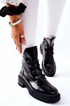 Buty Sergio Leone Czarne Botki|Botki Zimowe Damskie*Botki Lakierowane Ocieplane Sergio Leone Czarne TR744