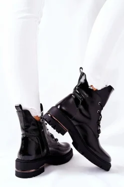 Buty Sergio Leone Czarne Botki|Botki Zimowe Damskie*Botki Lakierowane Ocieplane Sergio Leone Czarne TR744